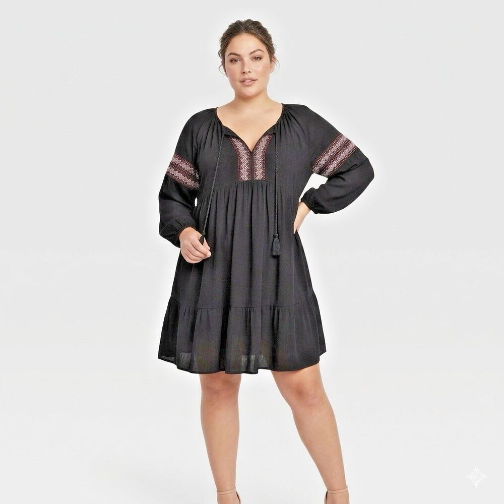 Old Navy Dress Womens XXL Black Geometric Embroidered Boho Peasant Swing Sleeve